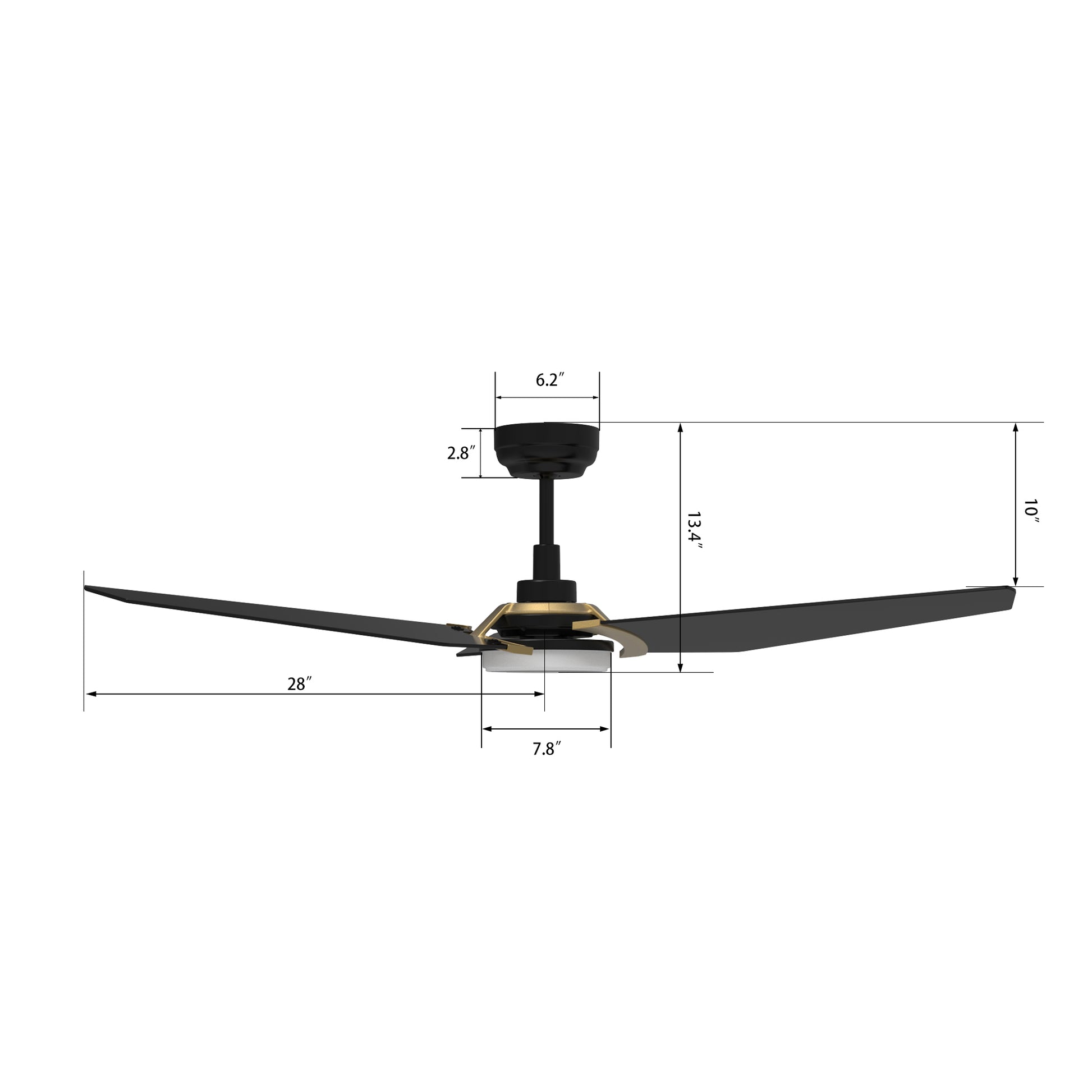 Carro USA KAJ 56 inch 3-Blade Smart Ceiling Fan with LED Light Kit & Remote-Black/Black (Gold Details) fan blades