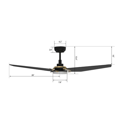 Carro USA KAJ 56 inch 3-Blade Smart Ceiling Fan with LED Light Kit & Remote-Black/Black (Gold Details) fan blades