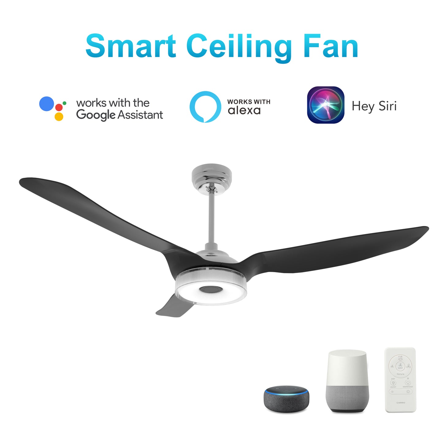 Carro FLETCHER 56 inch 3-Blade Smart Ceiling Fan with LED Light Kit & Remote - Silver/Black fan blades