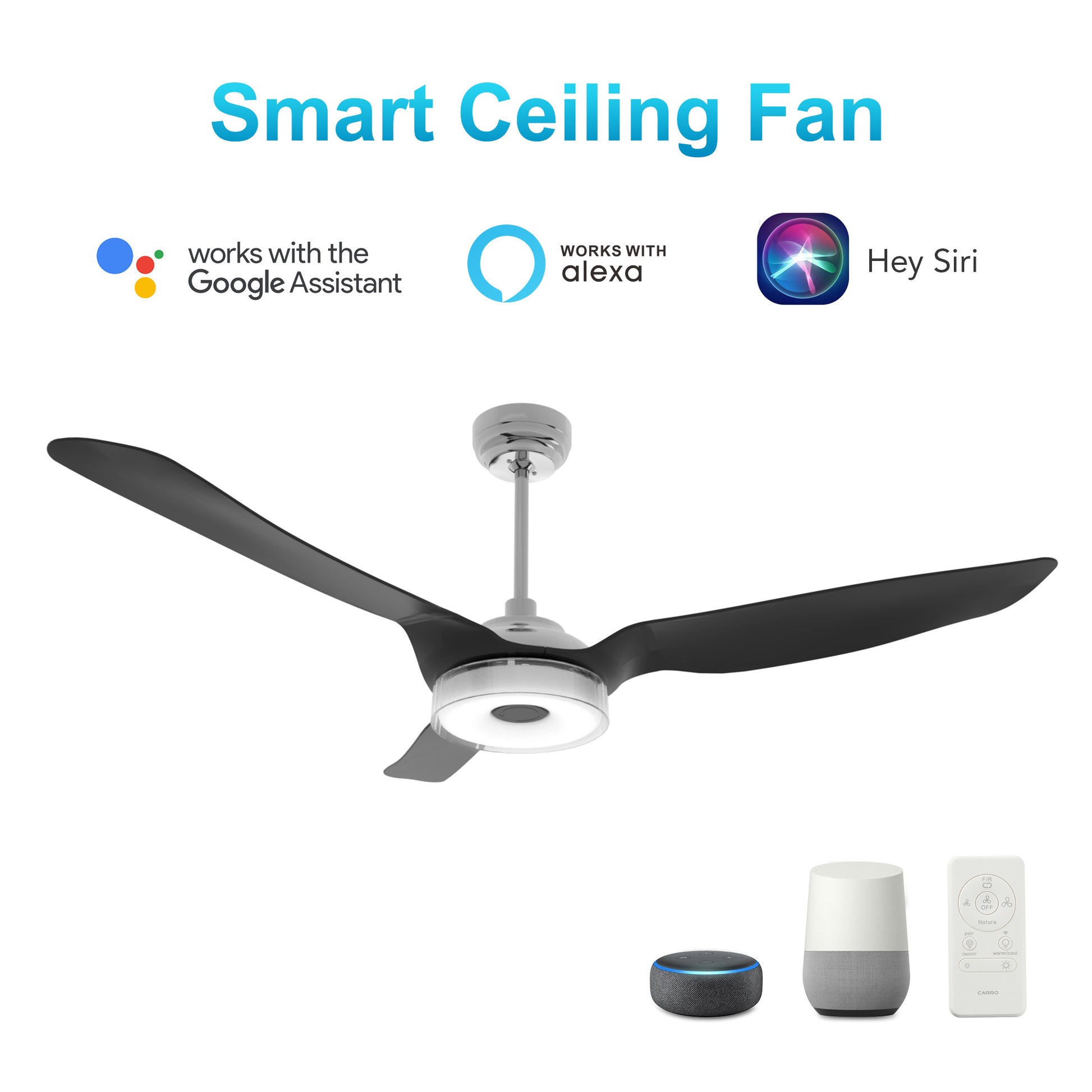 Carro FLETCHER 56 inch 3-Blade Smart Ceiling Fan with LED Light Kit & Remote - Silver/Black fan blades