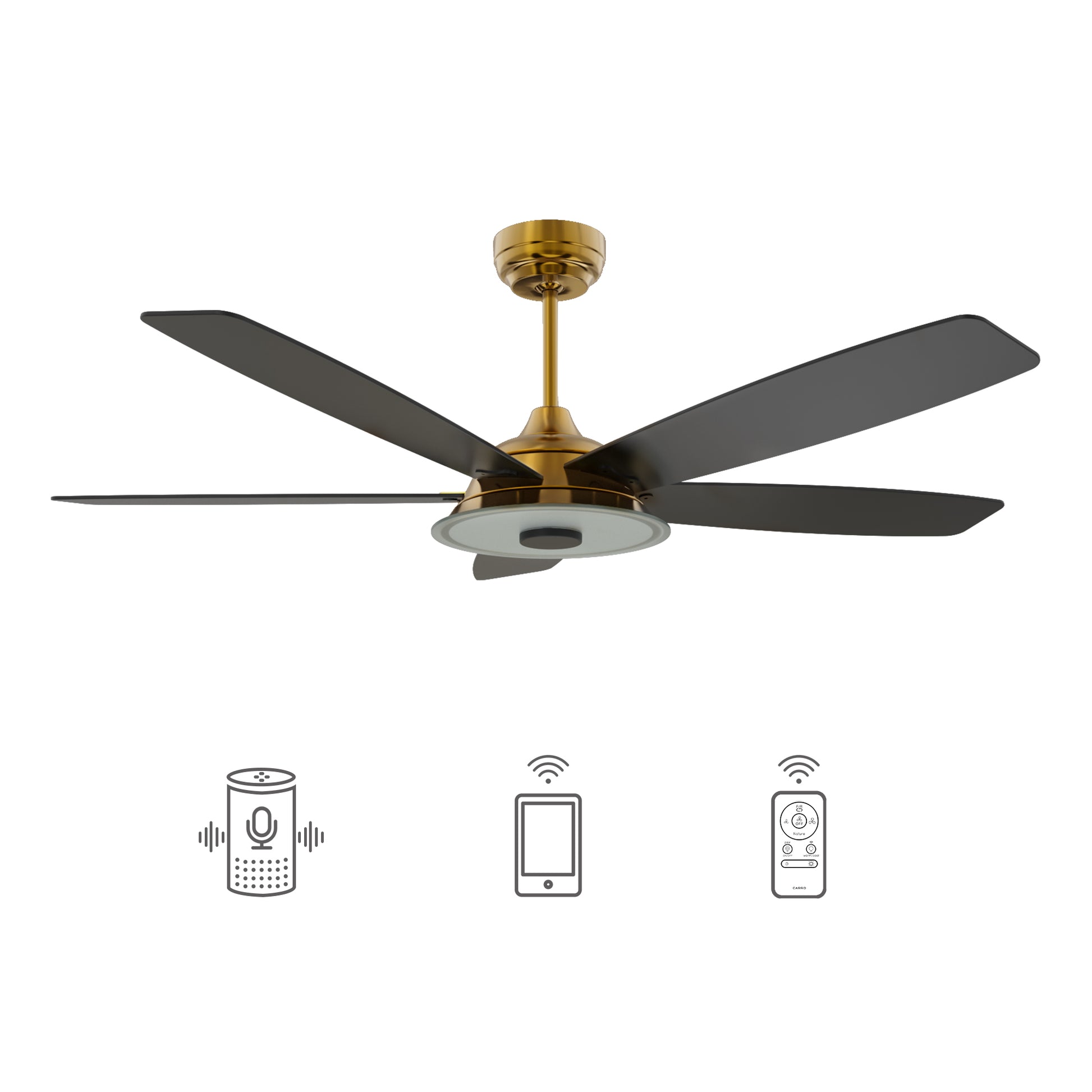 Carro USA JOURNEY 56 inch 5-Blade Smart Ceiling Fan with LED Light Kit & Remote - Gold/Black fan blades