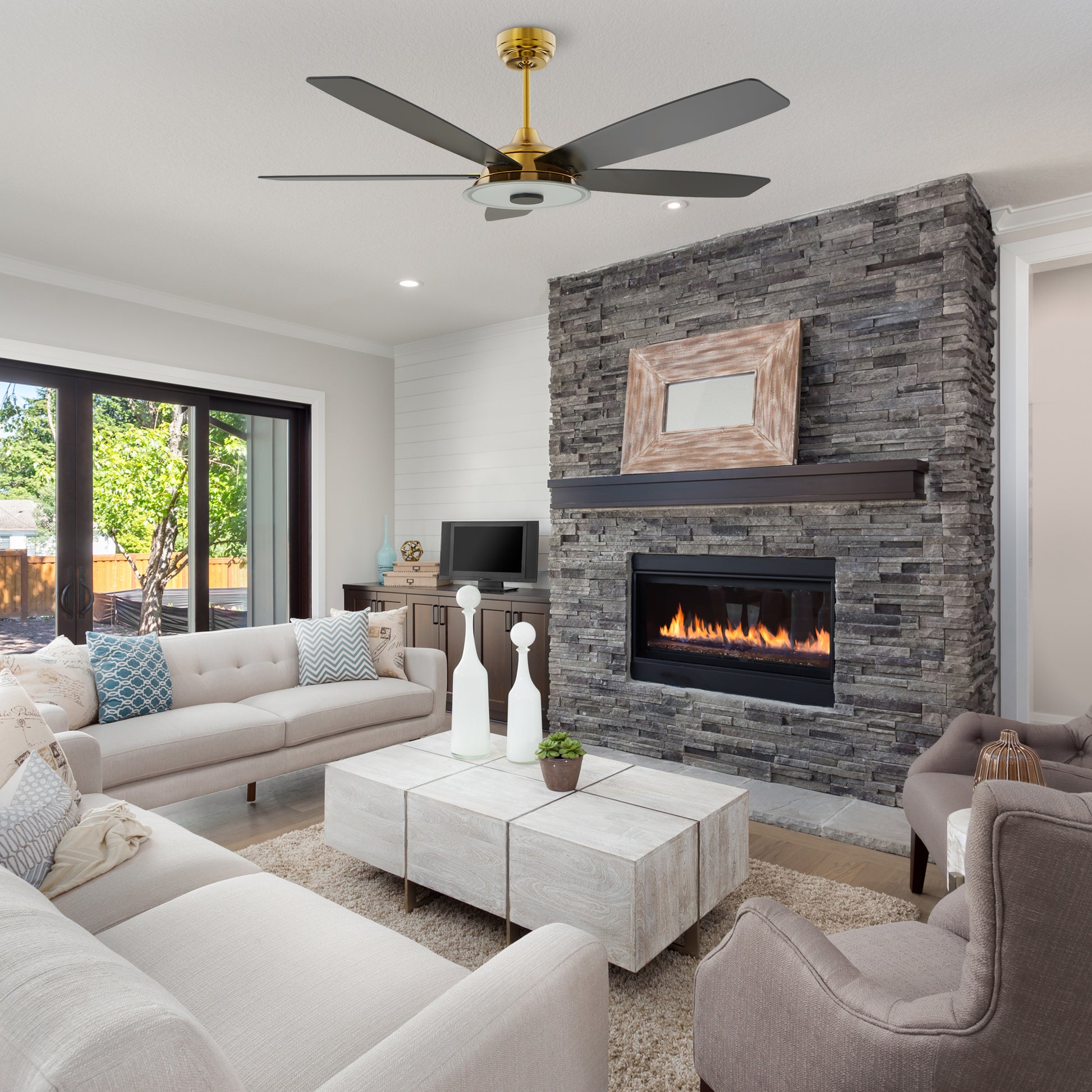 Carro USA JOURNEY 56 inch 5-Blade Smart Ceiling Fan with LED Light Kit & Remote - Gold/Black fan blades