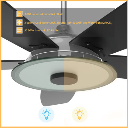 Carro USA JOURNEY 56 inch 5-Blade Smart Ceiling Fan with LED Light Kit & Remote - Silver/Black fan blades