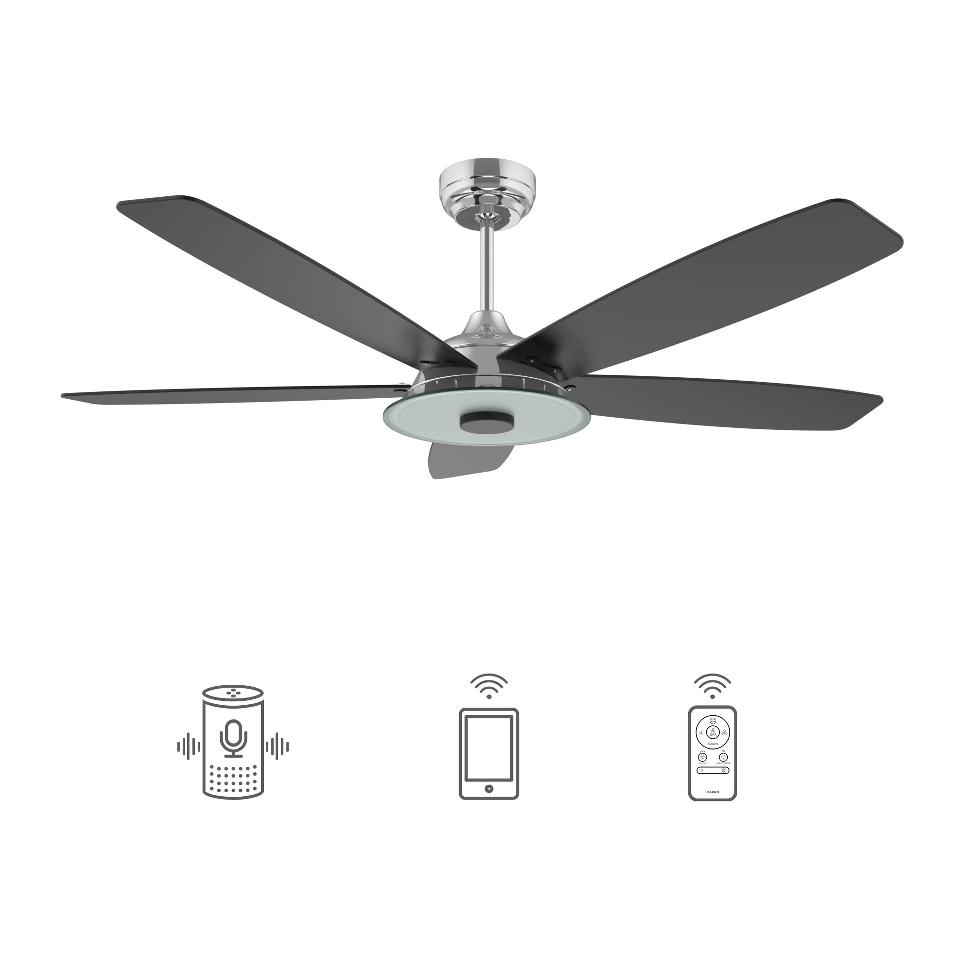 Carro USA JOURNEY 56 inch 5-Blade Smart Ceiling Fan with LED Light Kit & Remote - Silver/Black fan blades