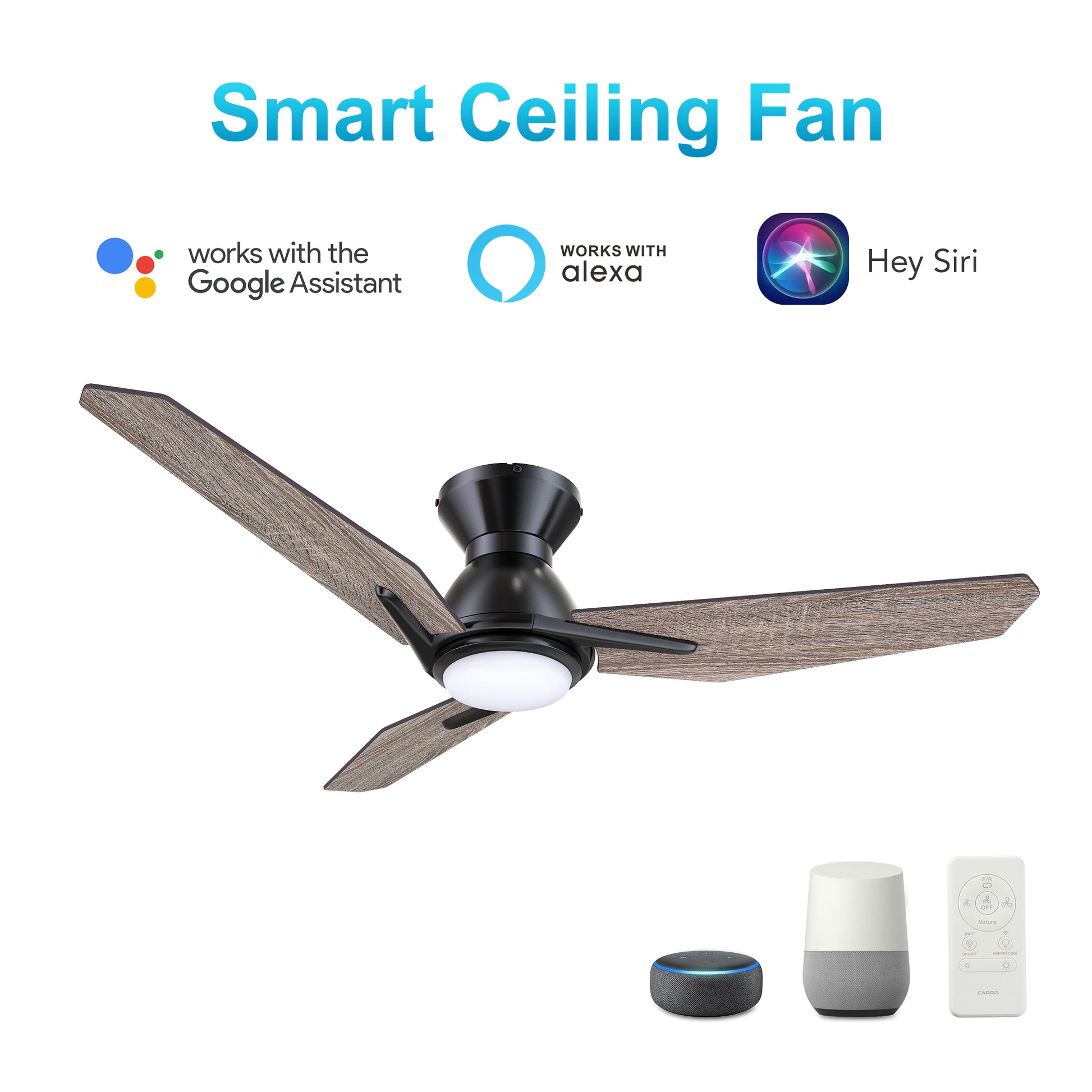 Carro CALEN 44 inch 3-Blade Flush Mount Smart Ceiling Fan with LED Light Kit & Remote Control- Black/Natural Oak
