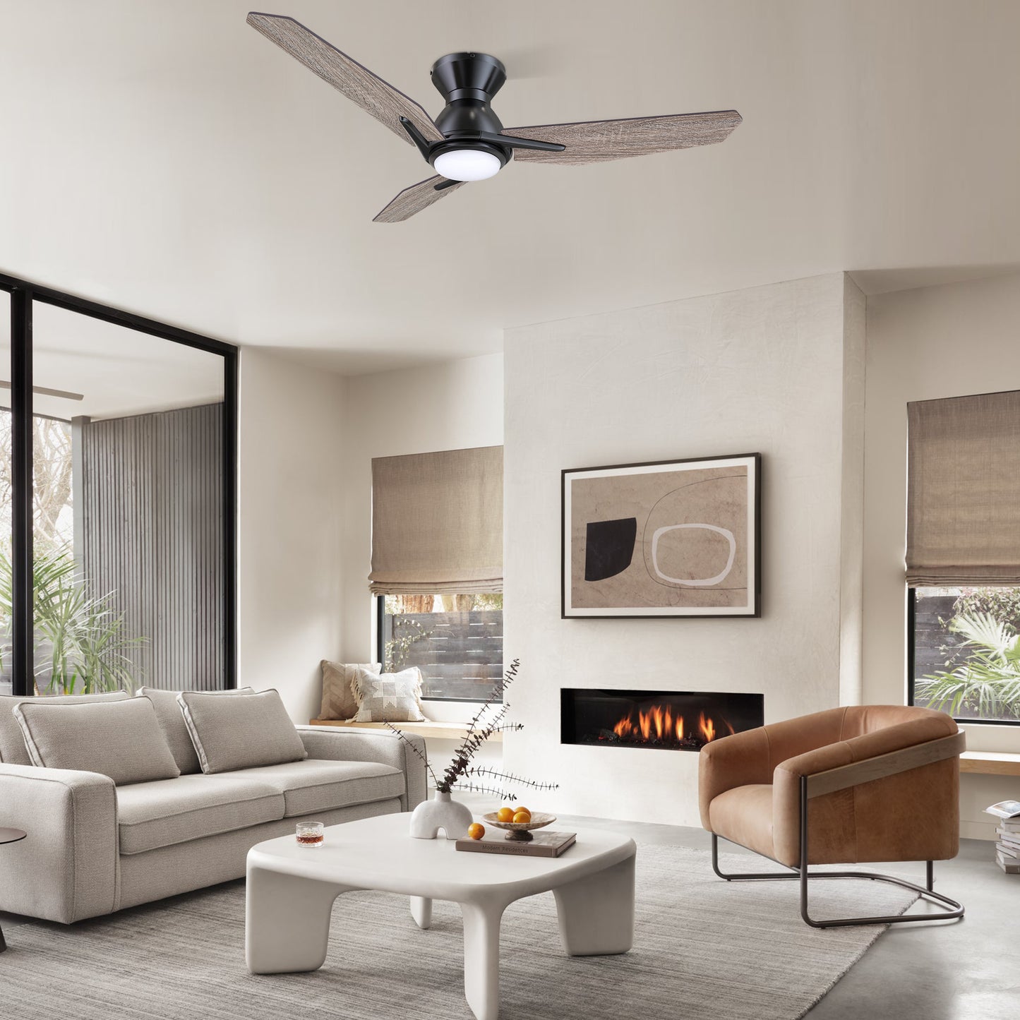 Carro CALEN 44 inch 3-Blade Flush Mount Smart Ceiling Fan with LED Light Kit & Remote Control- Black/Natural Oak