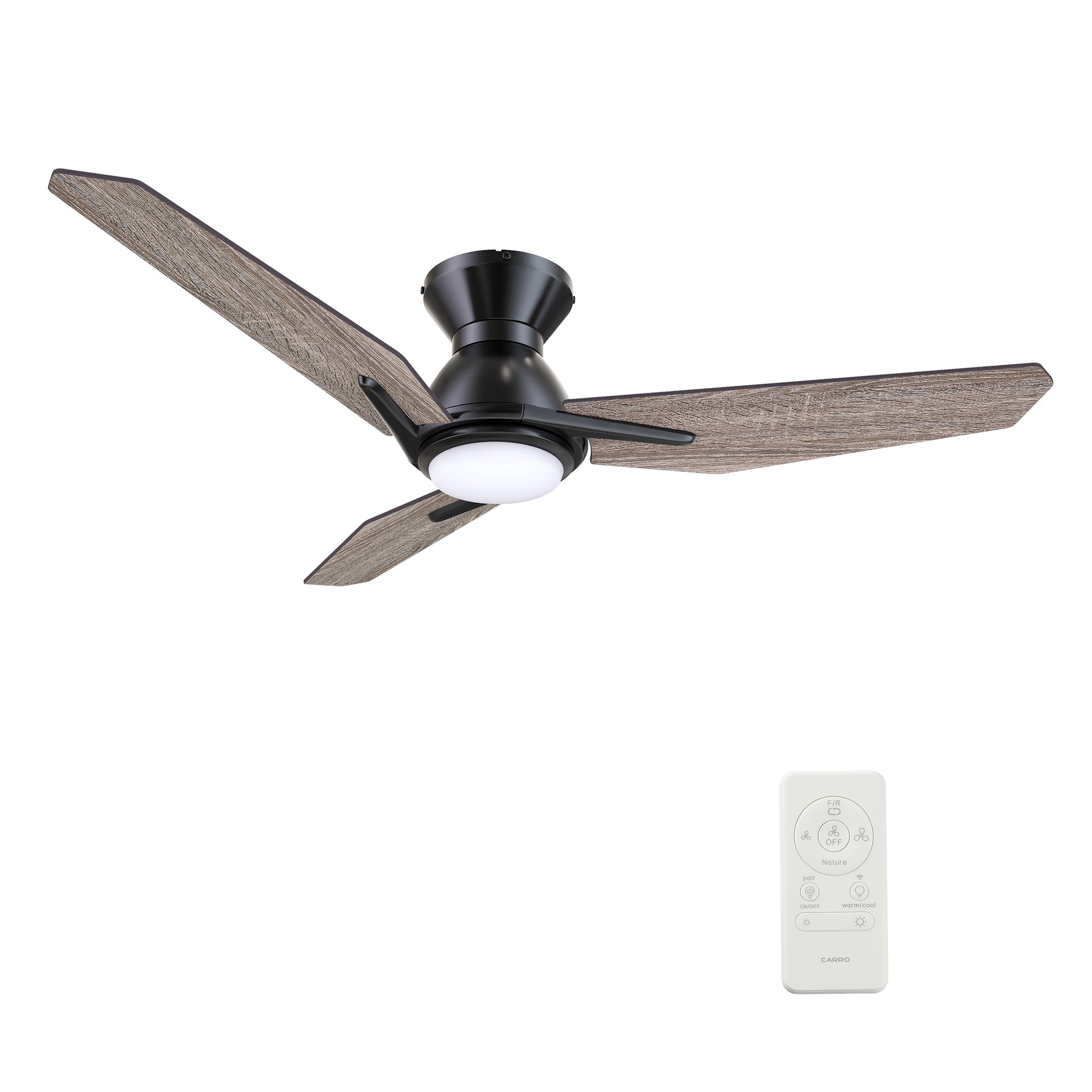 Carro CALEN 44 inch 3-Blade Flush Mount Smart Ceiling Fan with LED Light Kit & Remote Control- Black/Natural Oak