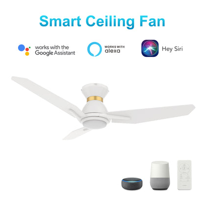 Carro CALEN 44 inch 3-Blade Flush Mount Smart Ceiling Fan with LED Light Kit & Remote Control- White/White
