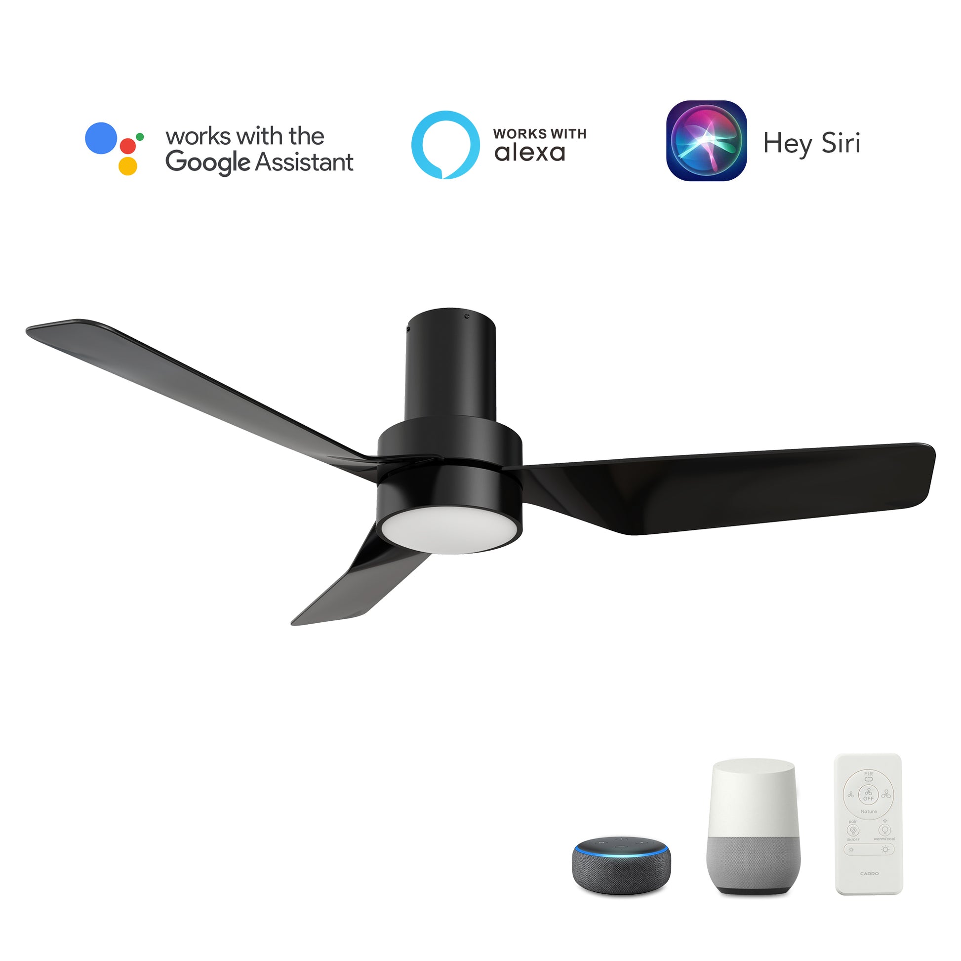 Carro PORTER 44 inch 3-Blade Flush Mount Smart Ceiling Fan with LED Light Kit & Remote- Black/Black