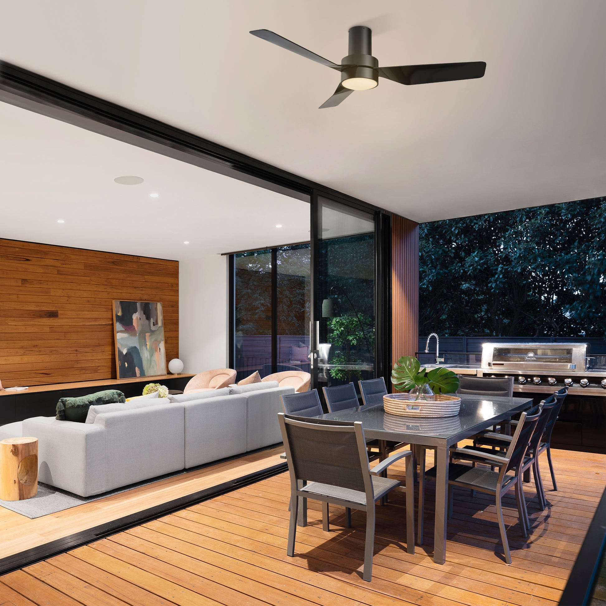 Carro PORTER 44 inch 3-Blade Flush Mount Smart Ceiling Fan with LED Light Kit & Remote- Black/Black