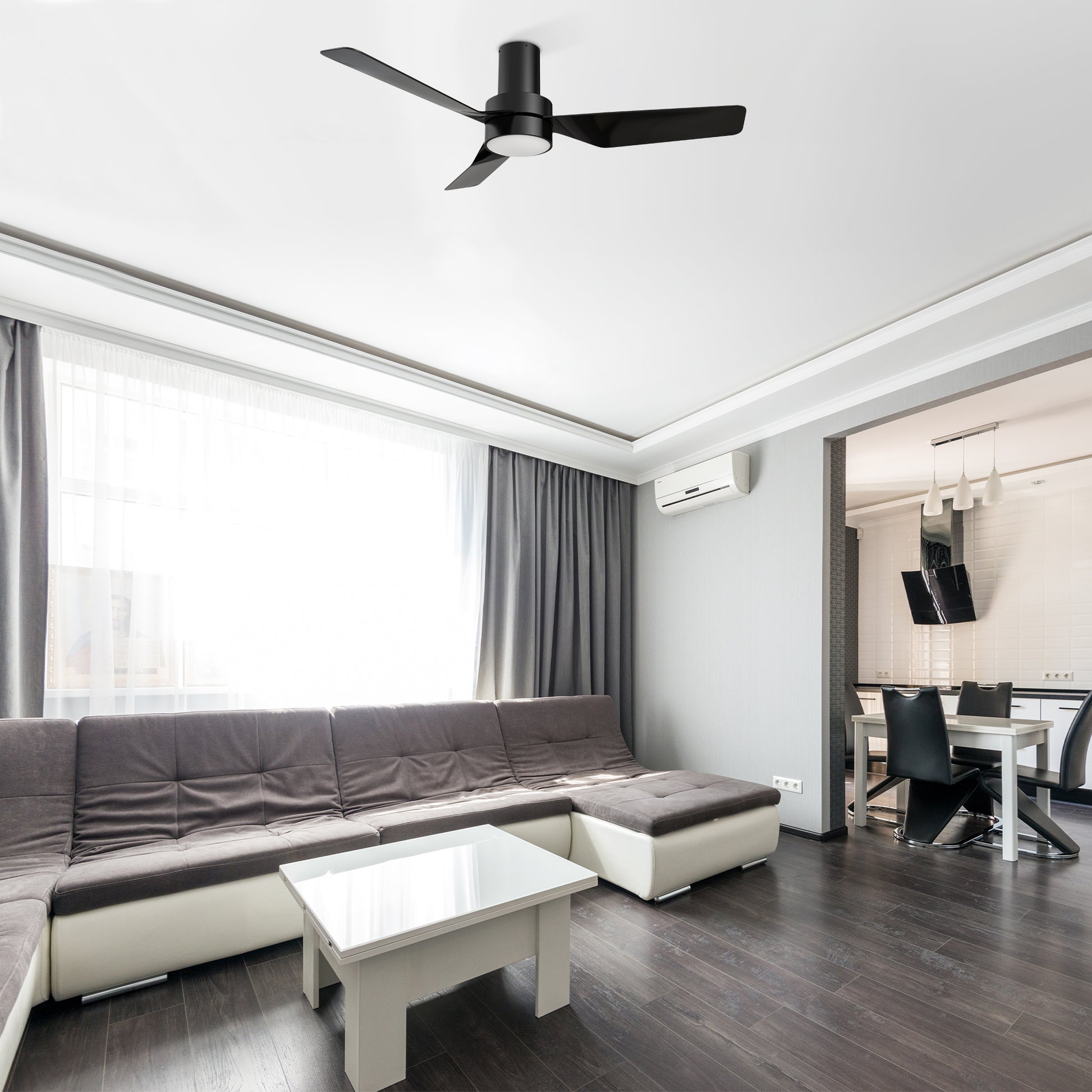 Carro PORTER 44 inch 3-Blade Flush Mount Smart Ceiling Fan with LED Light Kit & Remote- Black/Black