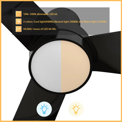 Carro PORTER 44 inch 3-Blade Flush Mount Smart Ceiling Fan with LED Light Kit & Remote- Black/Black
