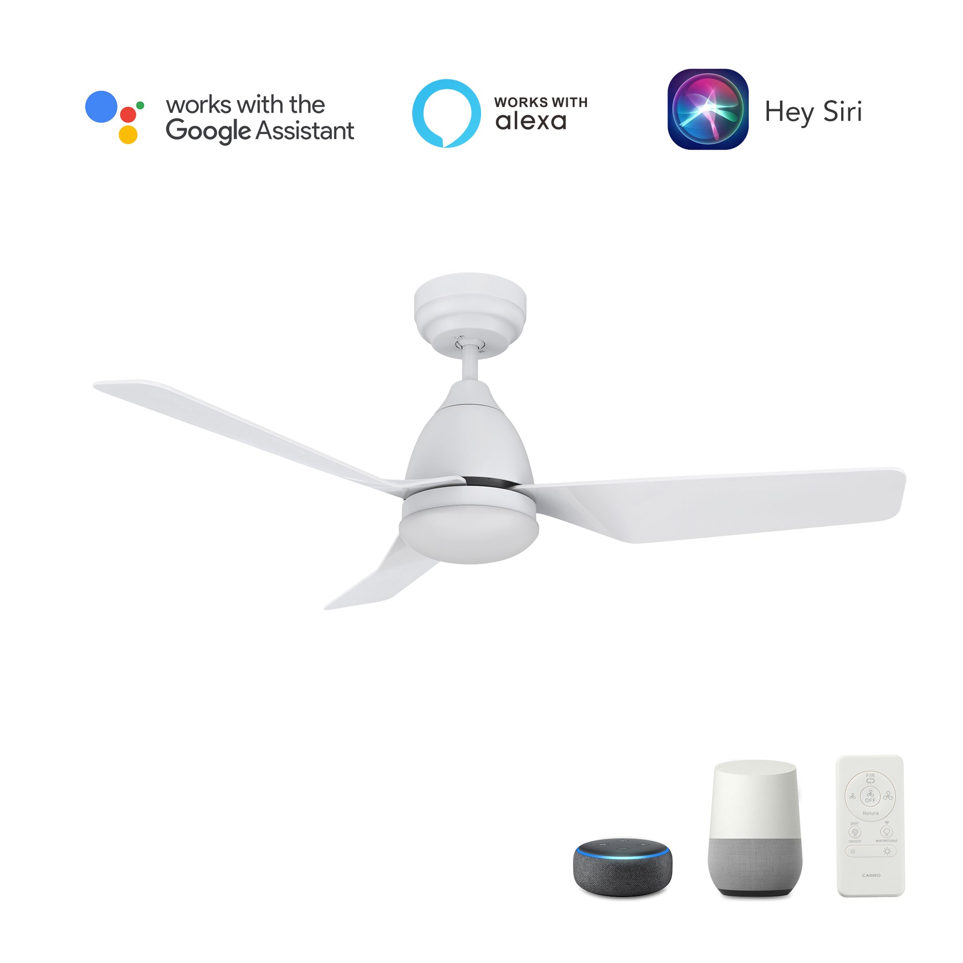Carro Home ROQUE 44 inch 3-Blade Smart Ceiling Fan with LED Light Kit & Remote - White/White