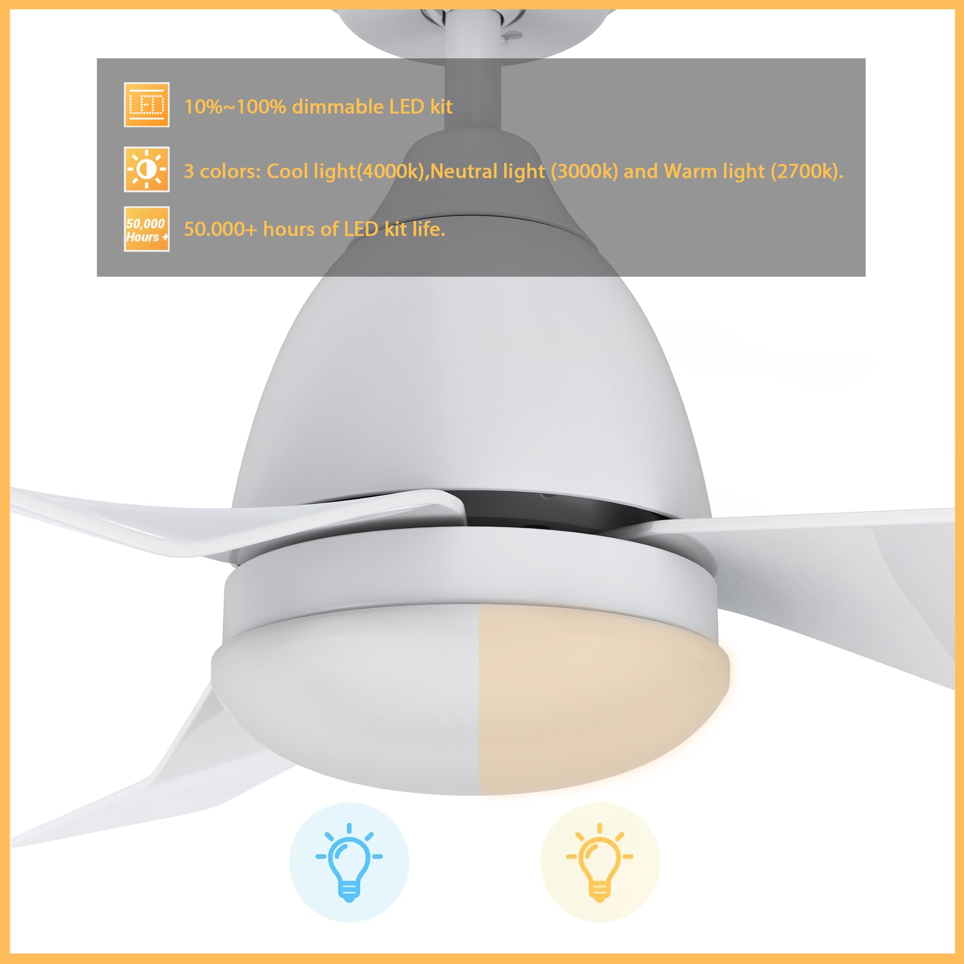 Carro Home ROQUE 44 inch 3-Blade Smart Ceiling Fan with LED Light Kit & Remote - White/White