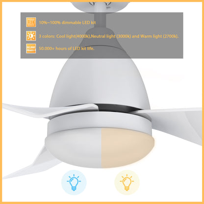 Carro Home ROQUE 44 inch 3-Blade Smart Ceiling Fan with LED Light Kit & Remote - White/White