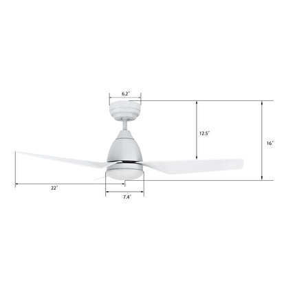 Carro Home ROQUE 44 inch 3-Blade Smart Ceiling Fan with LED Light Kit & Remote - White/White