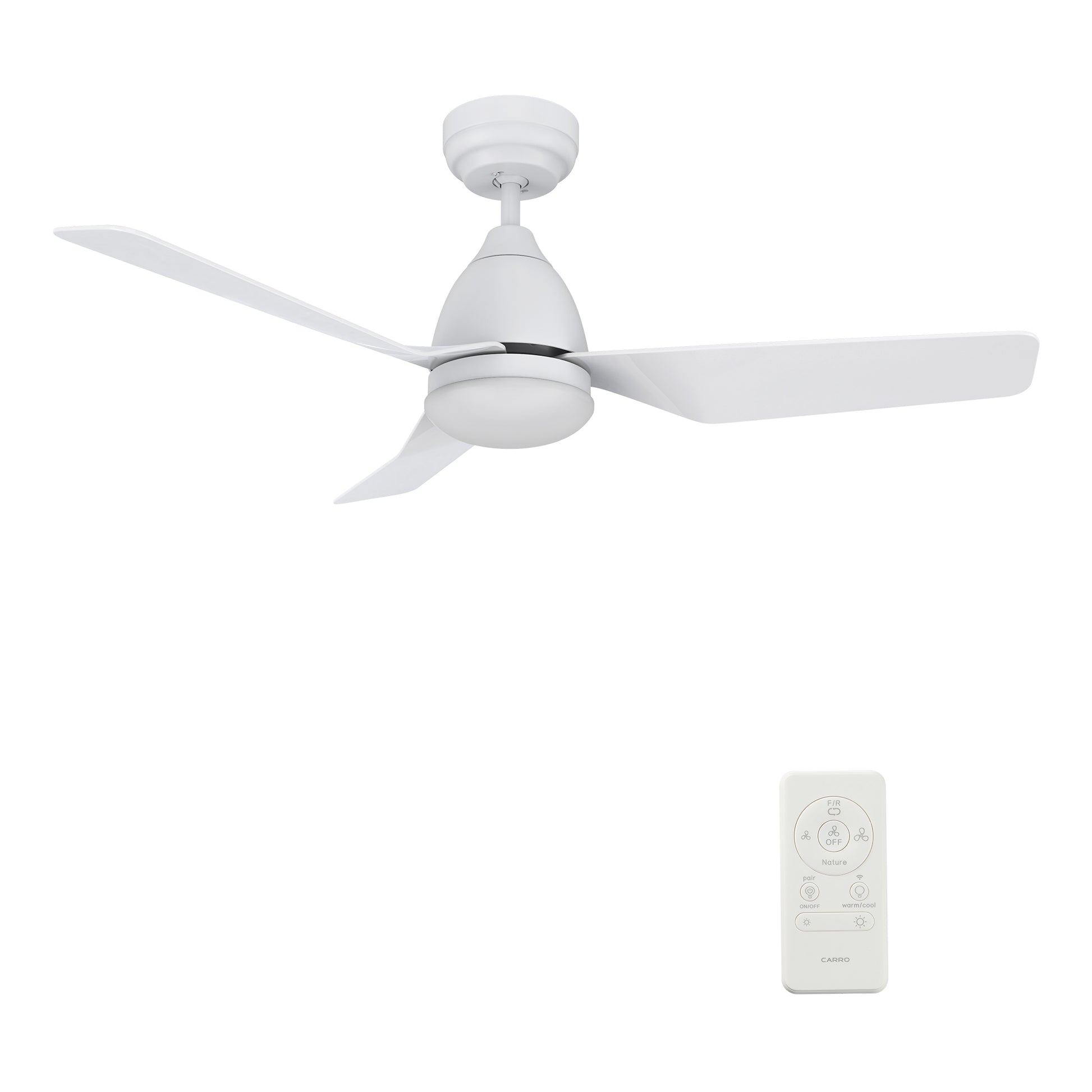 Carro Home ROQUE 44 inch 3-Blade Smart Ceiling Fan with LED Light Kit & Remote - White/White