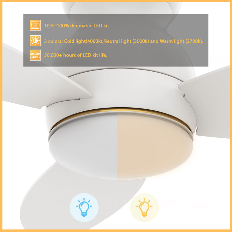 Carro TRENTO 44 inch 3-Blade Flush Mount Smart Ceiling Fan with LED Light Kit & Remote- White/White