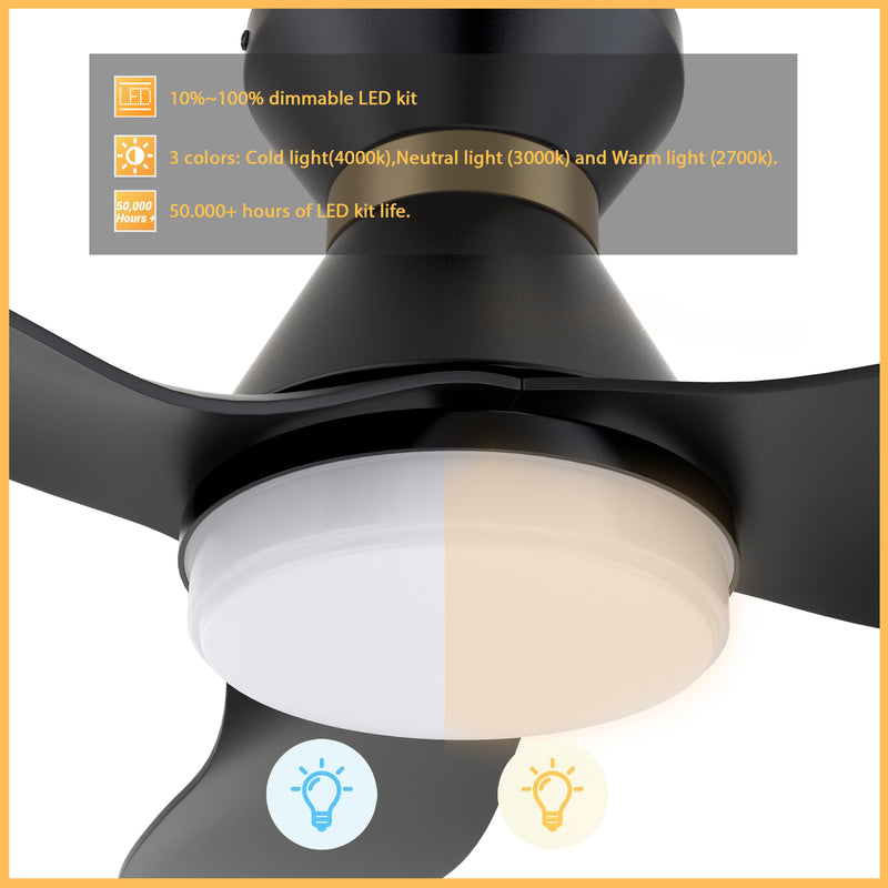 Carro RYATT 45 inch 3-Blade Flush Mount Smart Ceiling Fan with LED Light Kit & Remote- Black/Black (Gold Detail)