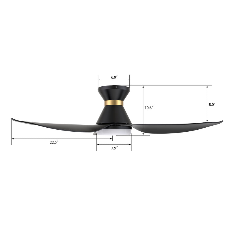 Carro RYATT 45 inch 3-Blade Flush Mount Smart Ceiling Fan with LED Light Kit & Remote- Black/Black (Gold Detail)
