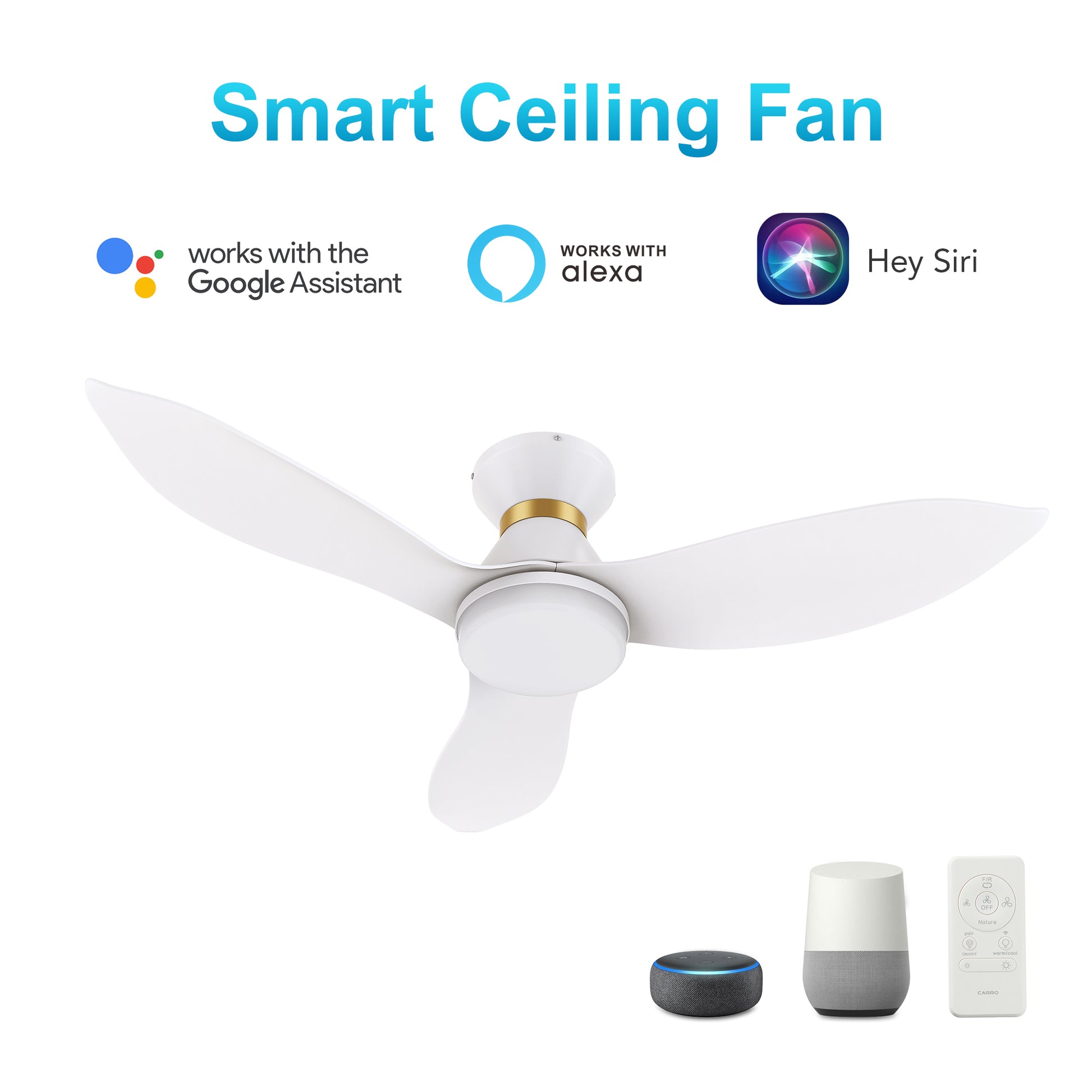 Carro RYATT 45 inch 3-Blade Flush Mount Smart Ceiling Fan with LED Light Kit & Remote- White/White (Gold Detail)