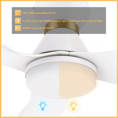 Carro RYATT 45 inch 3-Blade Flush Mount Smart Ceiling Fan with LED Light Kit & Remote- White/White (Gold Detail)