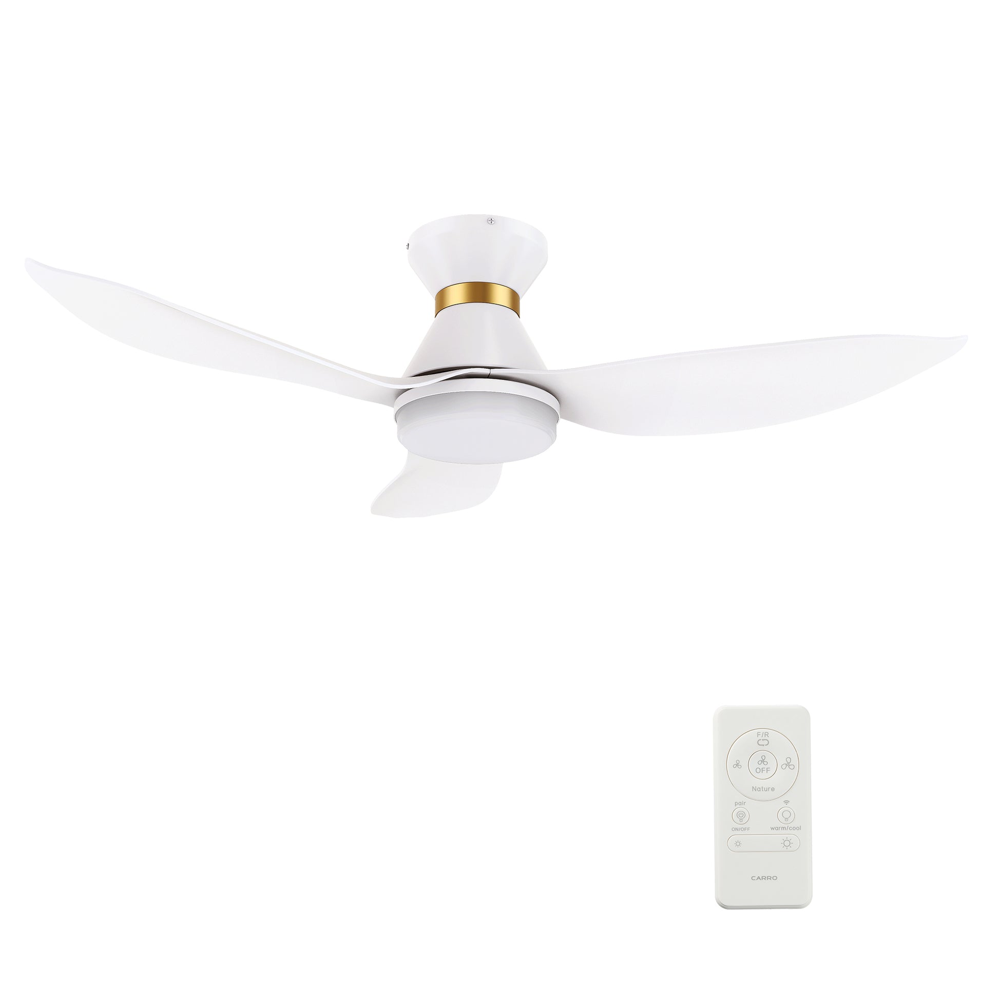Carro RYATT 45 inch 3-Blade Flush Mount Smart Ceiling Fan with LED Light Kit & Remote- White/White (Gold Detail)