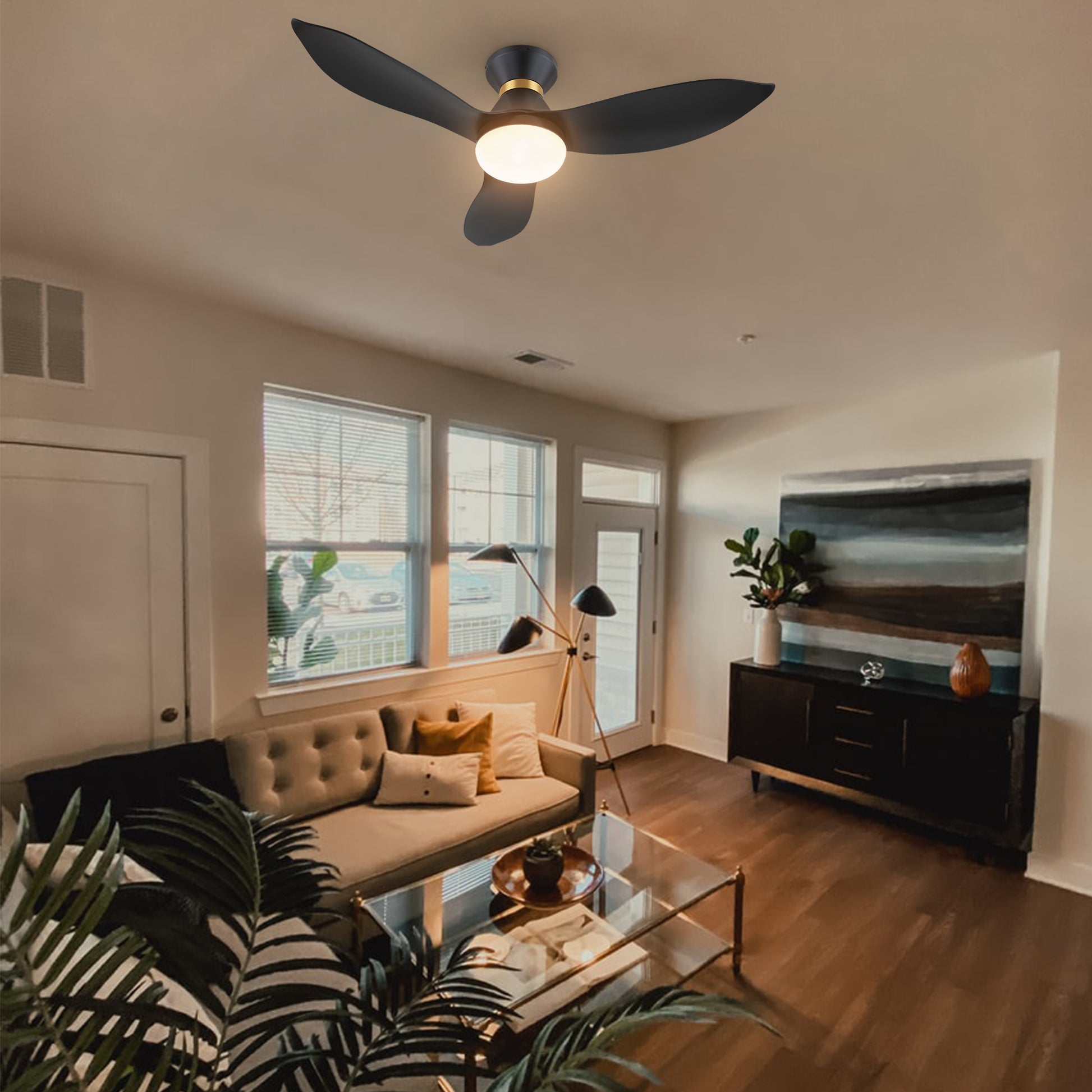 Carro RYATT 45 inch 3-Blade Flush Mount Smart Ceiling Fan with LED Light Kit & Remote- Black/Black (Gold Detail)