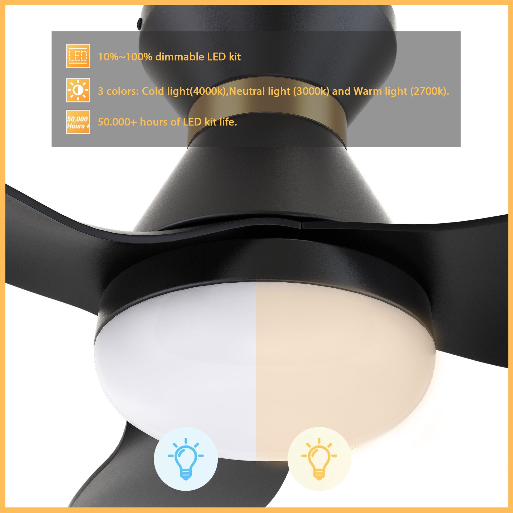 Carro RYATT 45 inch 3-Blade Flush Mount Smart Ceiling Fan with LED Light Kit & Remote- Black/Black (Gold Detail)