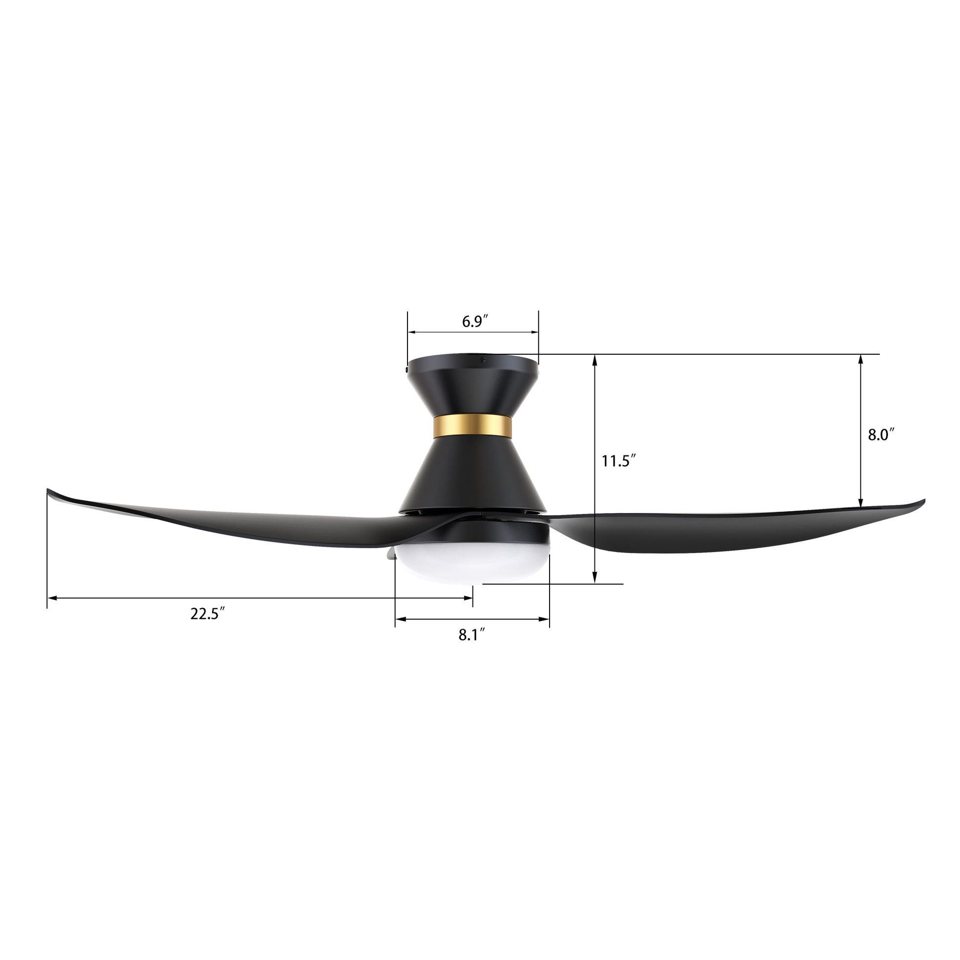 Carro RYATT 45 inch 3-Blade Flush Mount Smart Ceiling Fan with LED Light Kit & Remote- Black/Black (Gold Detail)
