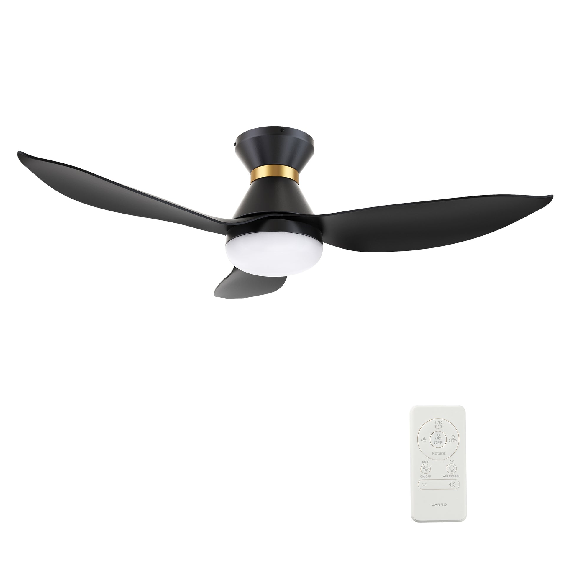 Carro RYATT 45 inch 3-Blade Flush Mount Smart Ceiling Fan with LED Light Kit & Remote- Black/Black (Gold Detail)