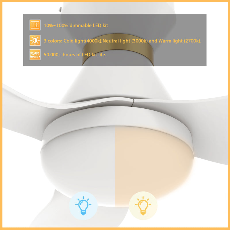 Carro RYATT 45 inch 3-Blade Flush Mount Smart Ceiling Fan with LED Light Kit & Remote- White/White (Gold Detail)