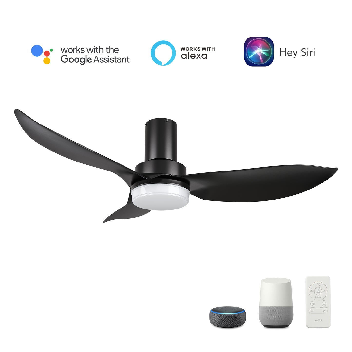 Carro RYNA 45 inch 3-Blade Flush Mount Smart Ceiling Fan with LED Light Kit & Remote- Black/Black