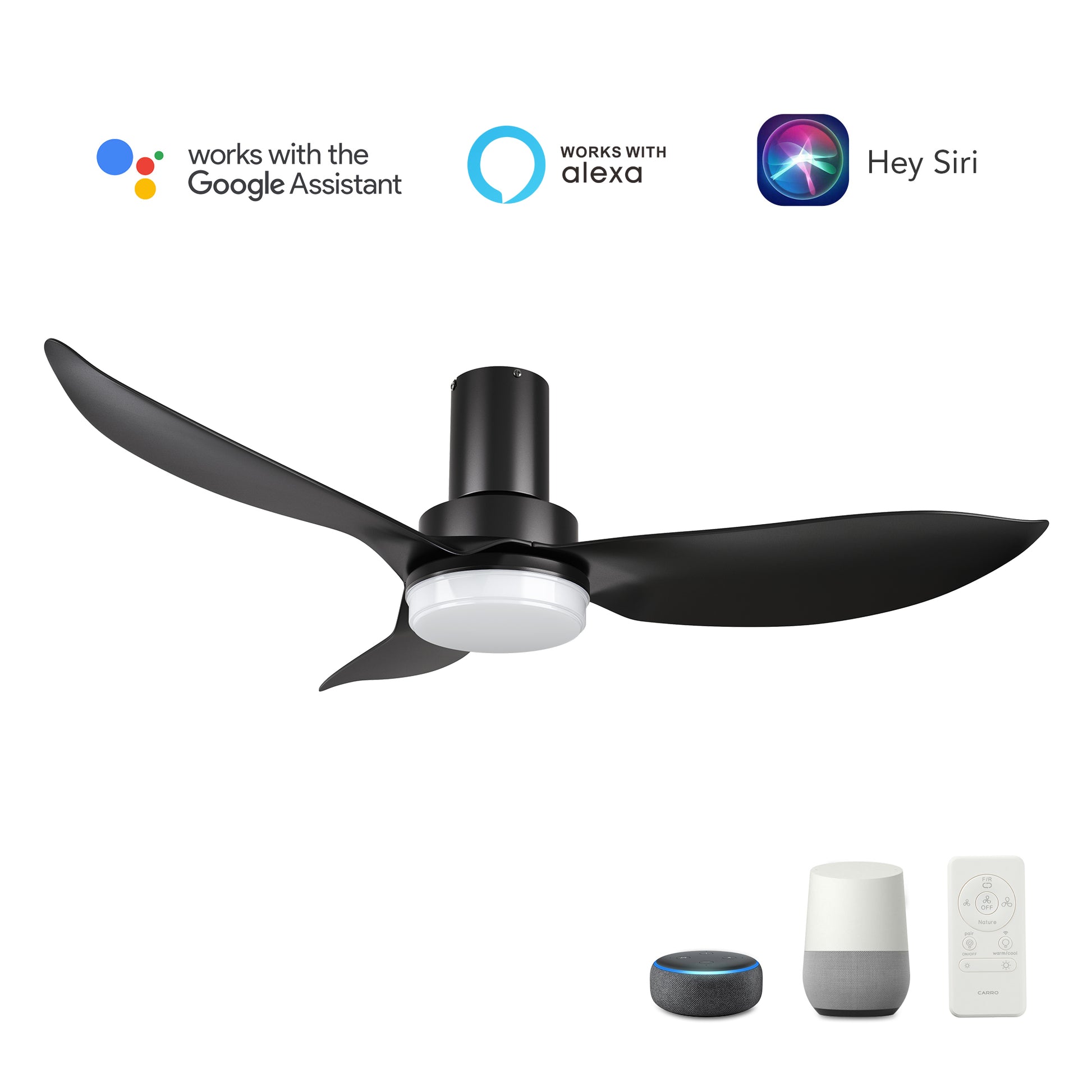 Carro RYNA 45 inch 3-Blade Flush Mount Smart Ceiling Fan with LED Light Kit & Remote- Black/Black