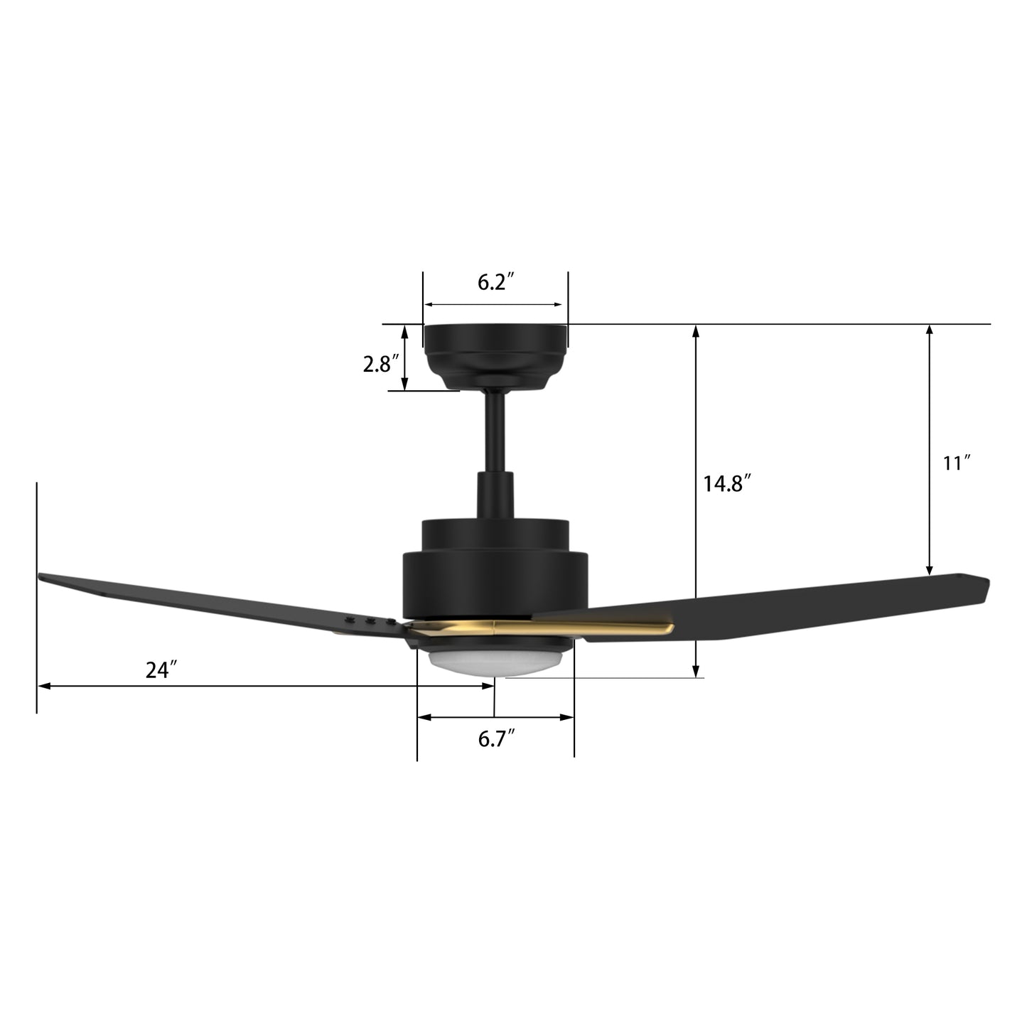 CALEN 48 inch 3-Blade Smart Ceiling Fan with LED Light Kit & Remote Control- Black/Black (Gold Detail)