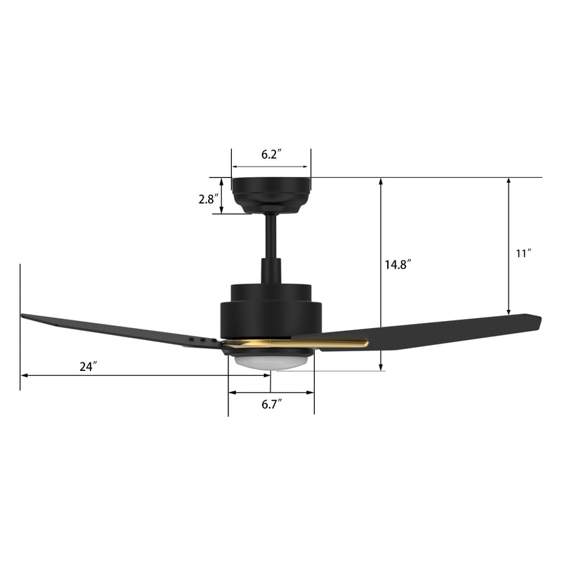 CALEN 48 inch 3-Blade Smart Ceiling Fan with LED Light Kit & Remote Control- Black/Black (Gold Detail)