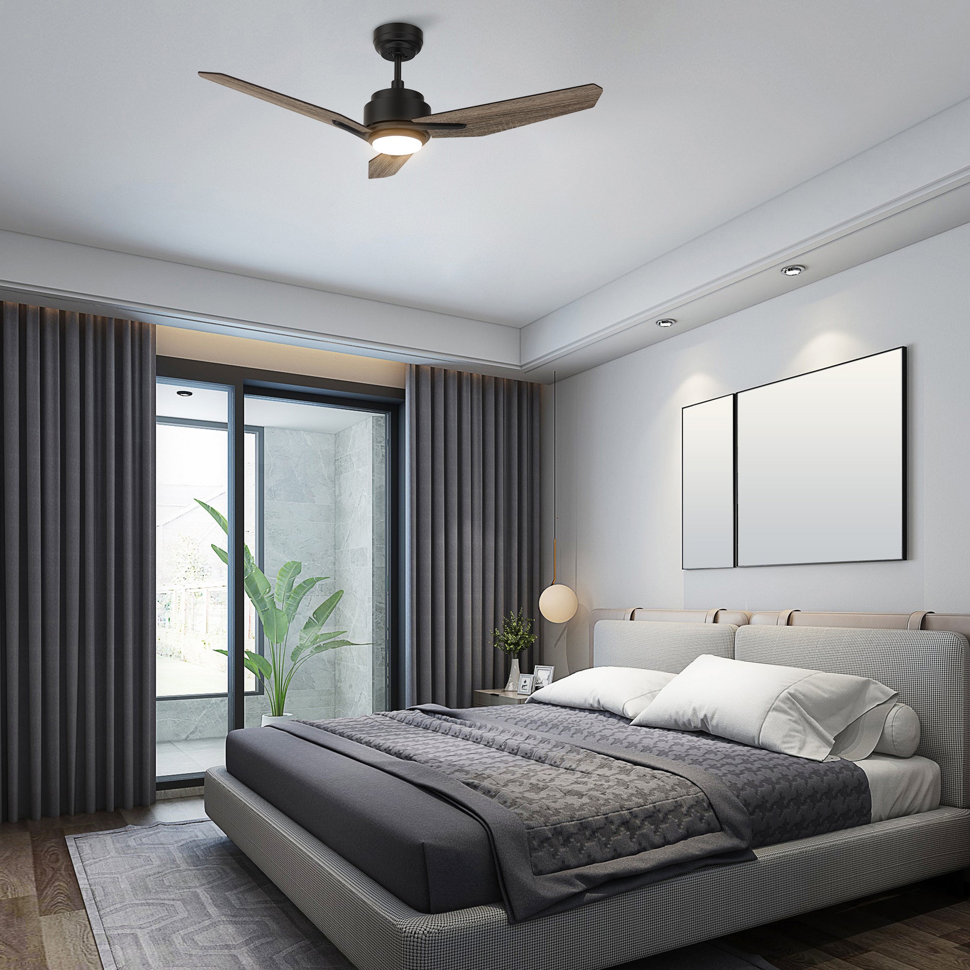 CALEN 48 inch 3-Blade Smart Ceiling Fan with LED Light Kit & Remote Control- Black/Wood Pattern