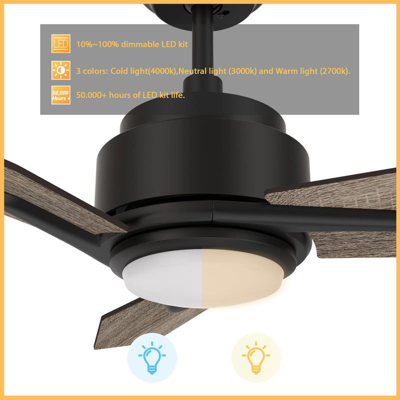 Carro Home TRACER 48 inch 3-Blade Smart Ceiling Fan with LED Light Kit & Remote Control- Black/Wood Pattern fan blades