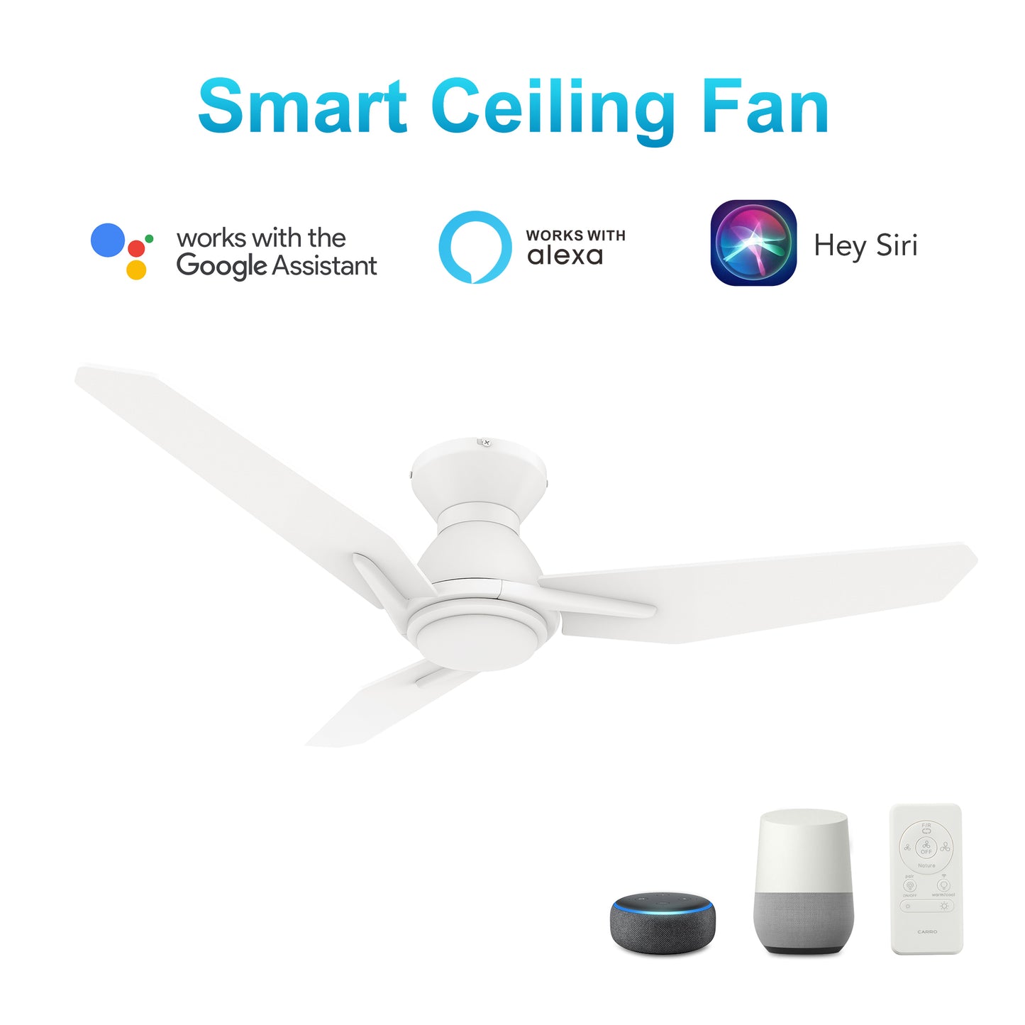Carro CALEN 48 inch 3-Blade Flush Mount Smart Ceiling Fan with LED Light Kit & Remote Control- White/White