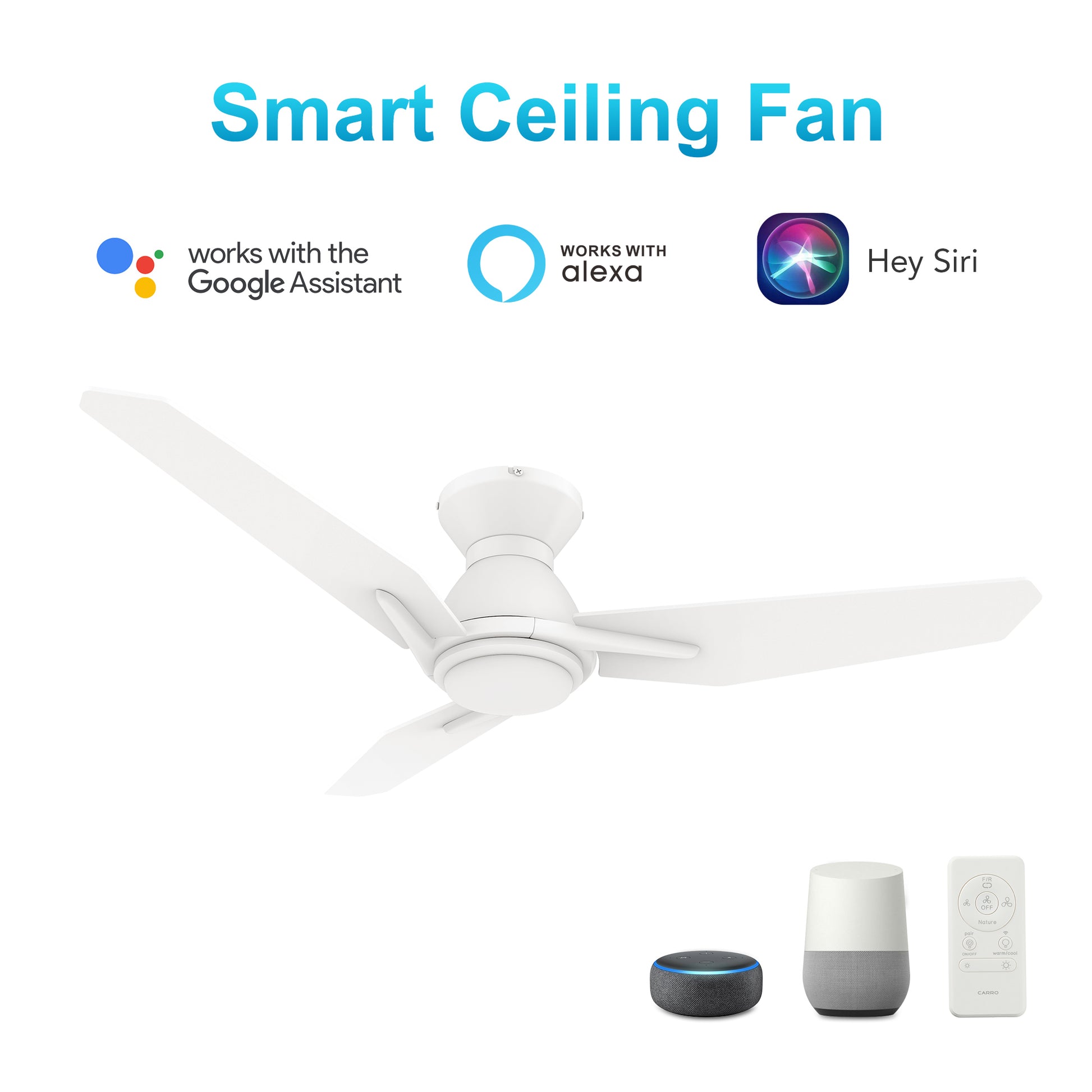 Carro CALEN 48 inch 3-Blade Flush Mount Smart Ceiling Fan with LED Light Kit & Remote Control- White/White