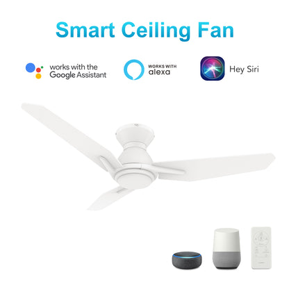 Carro CALEN 48 inch 3-Blade Flush Mount Smart Ceiling Fan with LED Light Kit & Remote Control- White/White