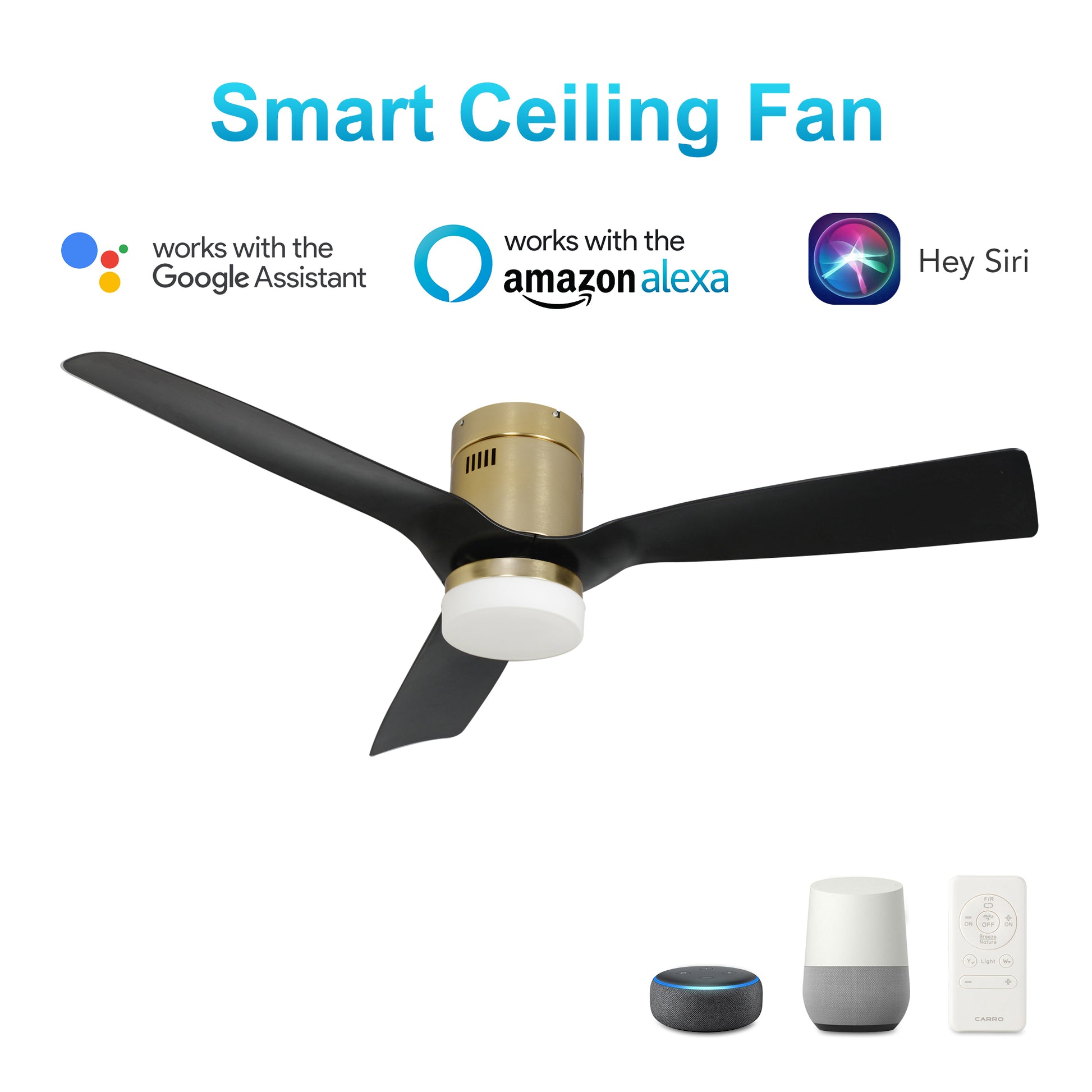 Carro USA SPEZIA 48 inch 3-Blade Flush Mount Smart Ceiling Fan with LED Light Kit & Remote - Gold/Black fan blades
