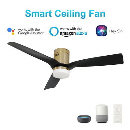 Carro USA SPEZIA 48 inch 3-Blade Flush Mount Smart Ceiling Fan with LED Light Kit & Remote - Gold/Black fan blades