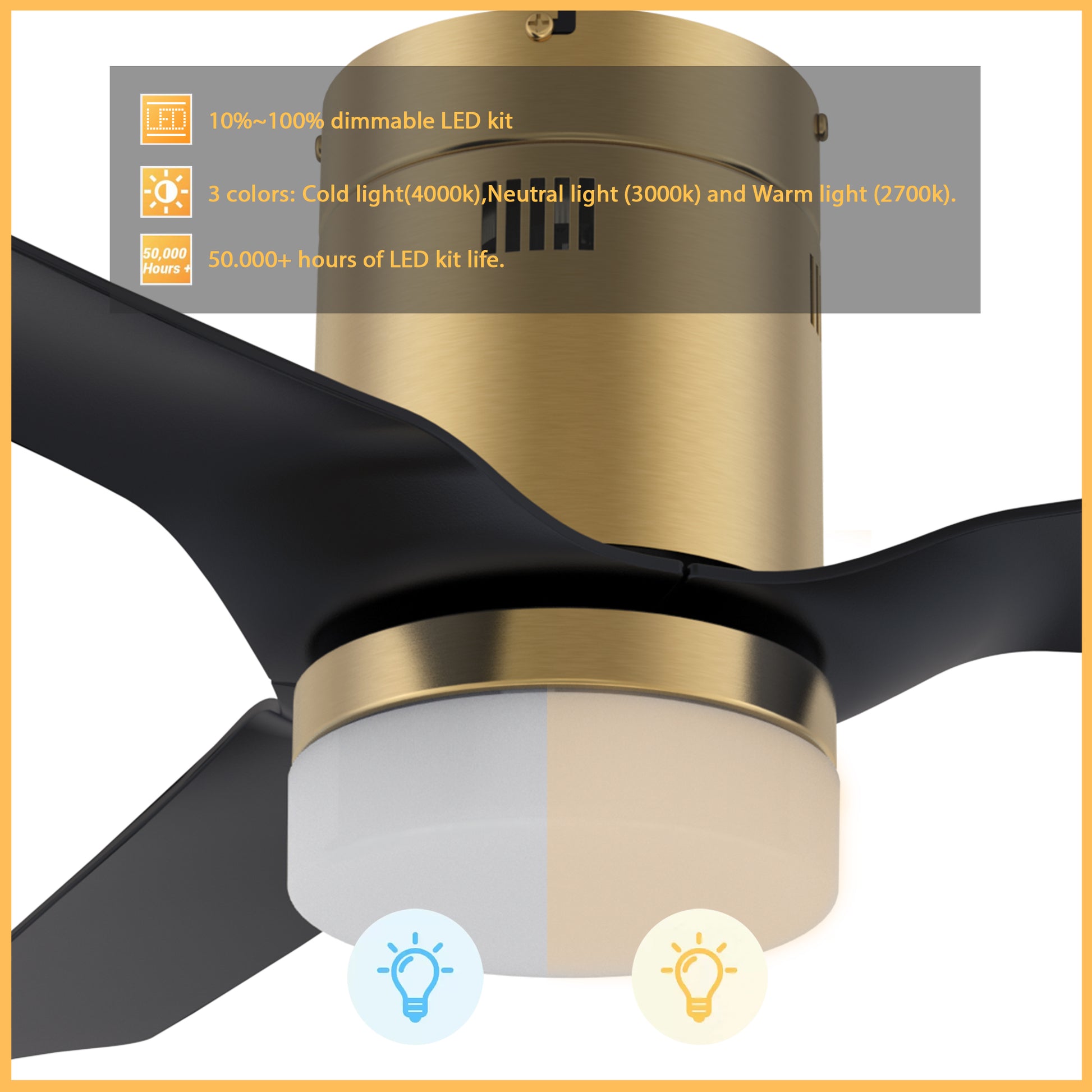 Carro USA SPEZIA 48 inch 3-Blade Flush Mount Smart Ceiling Fan with LED Light Kit & Remote - Gold/Black fan blades
