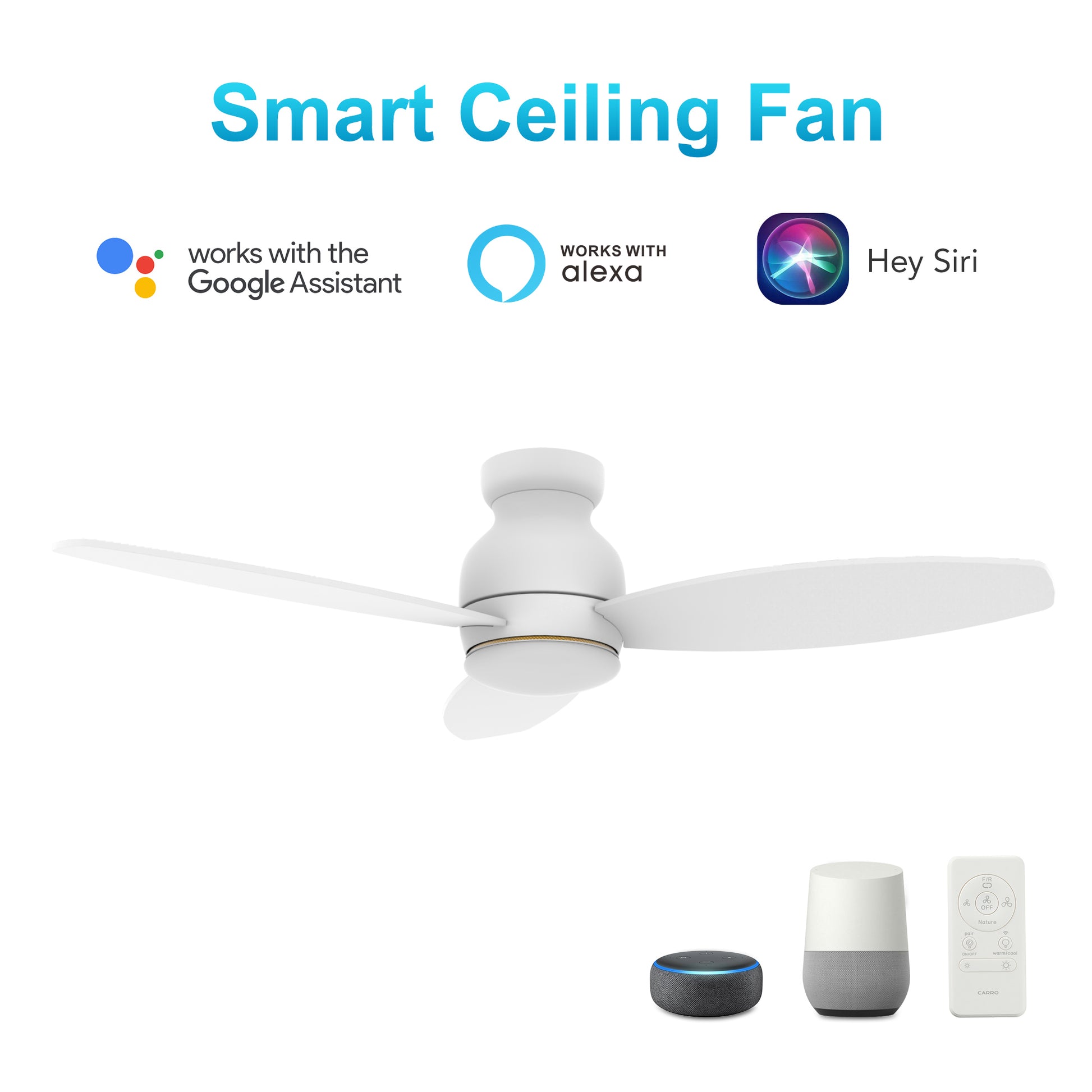 Carro Home TRENTO 48 inch 3-Blade Smart Ceiling Fan with LED Light Kit & Remote - White/White fan blades
