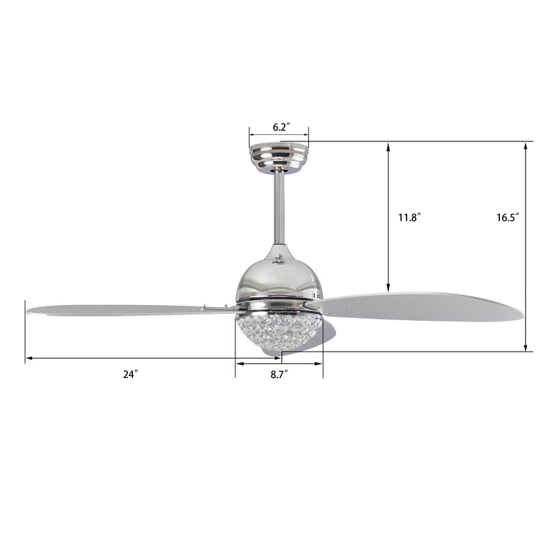 Carro COREN 48 inch 3-Blade Crystal Chandelier Smart Ceiling Fan with LED Light Kit & Remote - Silver/Silver
