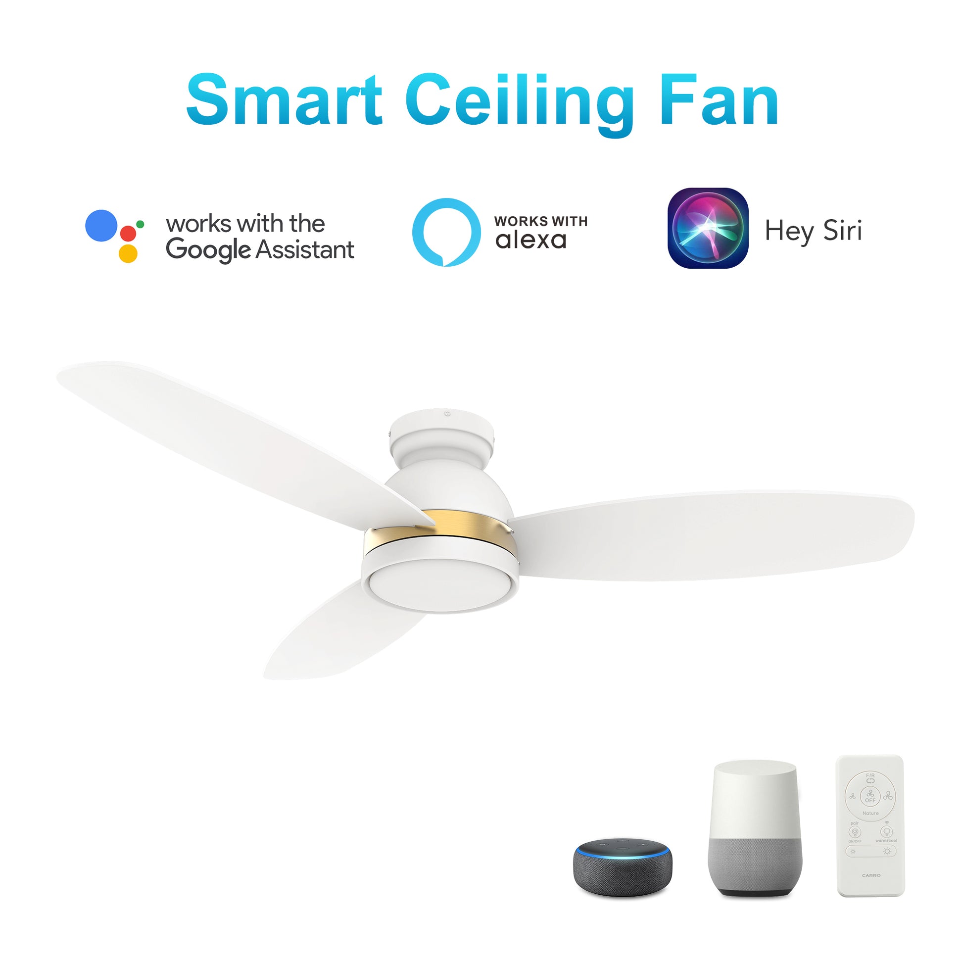 Carro FREMONT 48 inch 3-Blade Flush Mount Smart Ceiling Fan with LED Light Kit & Remote- White/White