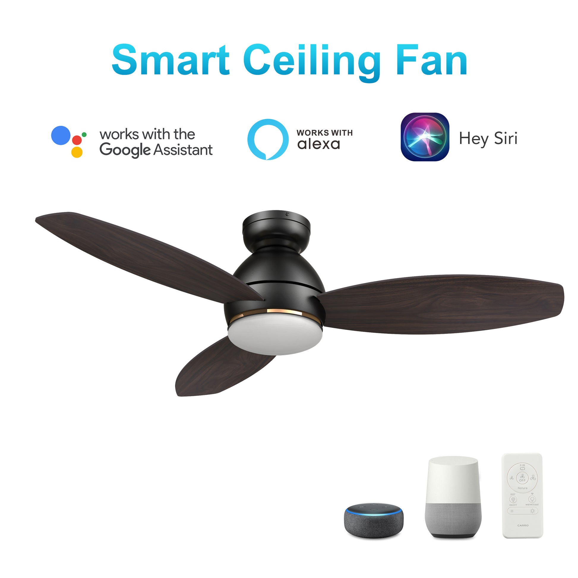 Carro HOBART 48 inch 3-Blade Flush Mount Smart Ceiling Fan with LED Light Kit & Remote- Black/Walnut & Barnwood (Reversible Blades)
