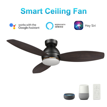 Carro HOBART 48 inch 3-Blade Flush Mount Smart Ceiling Fan with LED Light Kit & Remote- Black/Walnut & Barnwood (Reversible Blades)