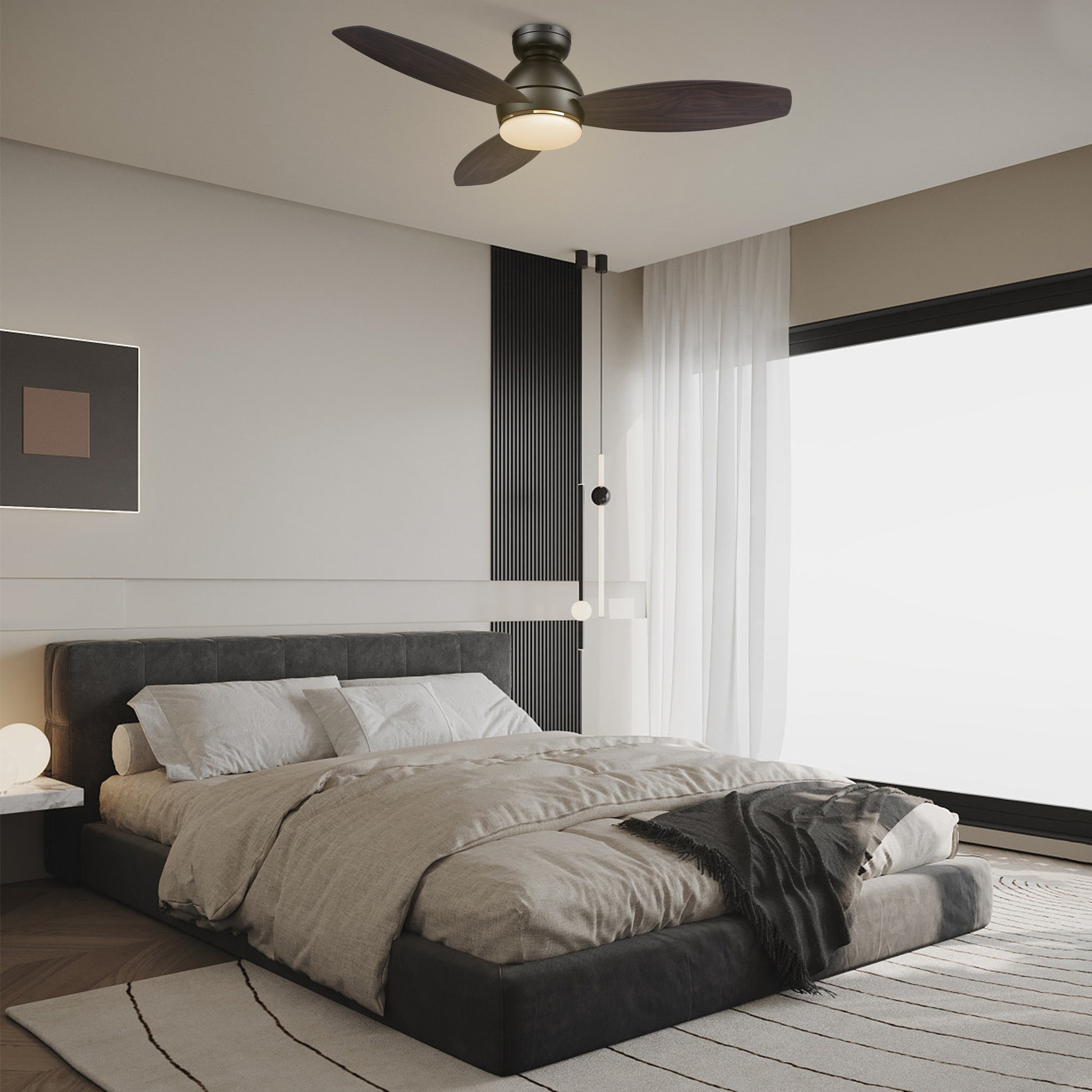 Carro HOBART 48 inch 3-Blade Flush Mount Smart Ceiling Fan with LED Light Kit & Remote- Black/Walnut & Barnwood (Reversible Blades)